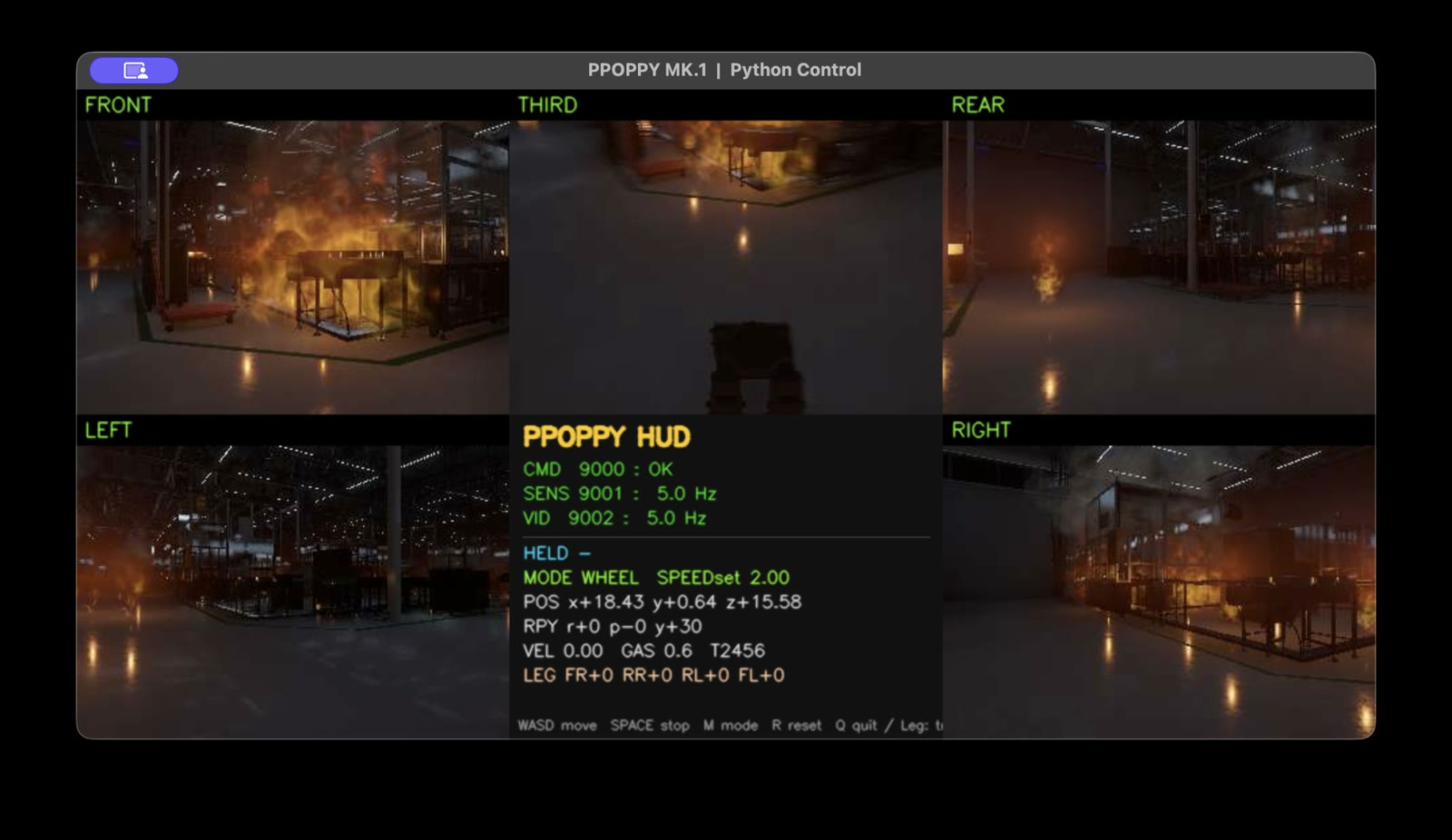 Unity HDRP 디지털 트윈 화재 씬. 5개 카메라 뷰와 주행 HUD.